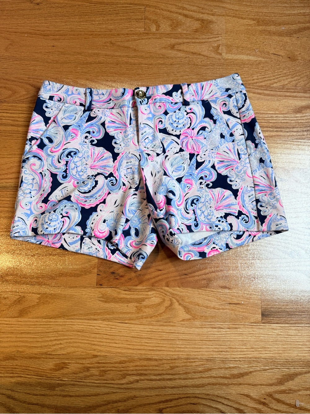 Lilly Pulitzer Navy Seashell Shorts with Pink & White Accents